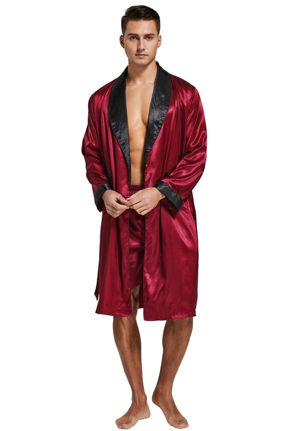 Men's Satin Robe with Shorts Set Kimono Bathrobe (XX-Large, Burgundy with Black Collar)
