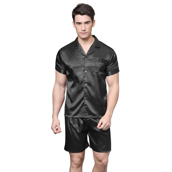 Tony & Candice Men's Short Sleeve Silk Satin Pajama Set Adult Sleepwear(XL,Black)
