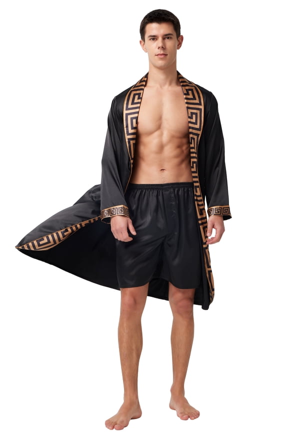 Men's Silk Satin Robe with Shorts Set Kimono Bathrobe (Medium, Black With Meander Pattern )