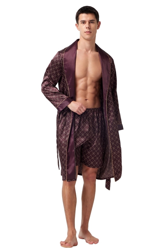 Men's Silk Satin Robe with Shorts Set Kimono Bathrobe (Medium, Brown with Graphic Patterns)