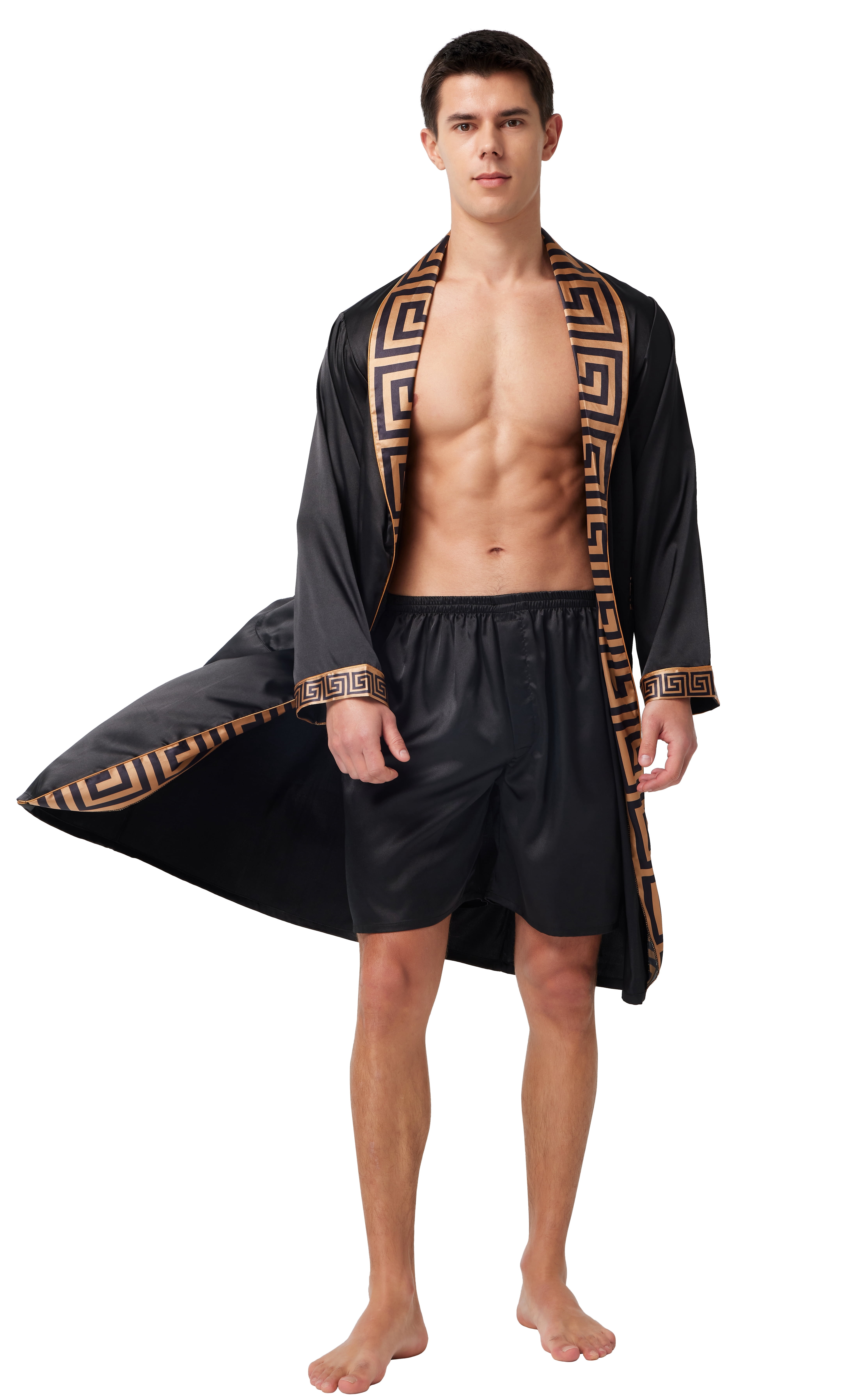 Tony & Candice Men's Silk Satin Robe with Shorts Set Kimono Bathrobe ...