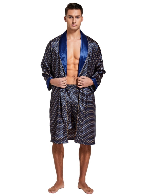 Men's Silk Satin Robe with Shorts Set Kimono Bathrobe (XX-Large, Blue/Golden)