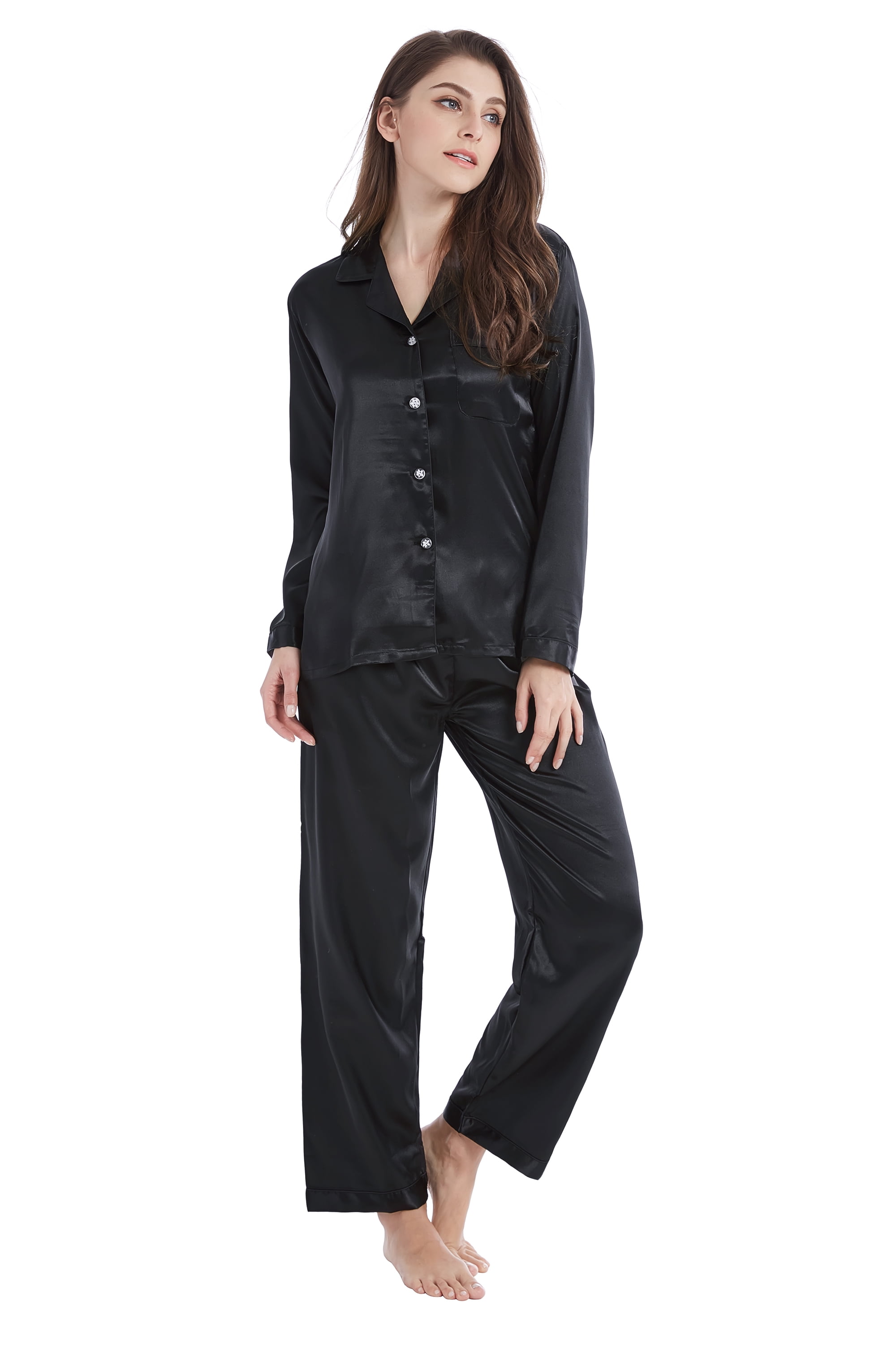 Women's Classic Satin Pajama Set - Pink Hearts Loungewear, Long Sleeve Top & Pants - Silky Feeling Sleepwear (Size X-Large)