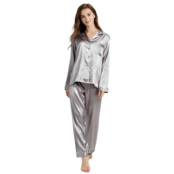 Tony & Candice Women's Classic Satin Pajama Set Adult Sleepwear (L,Gray with White Piping)