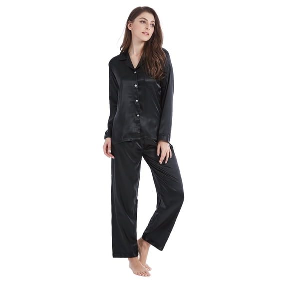 Tony & Candice Women's Classic Satin Pajama Set Adult Sleepwear (M,Black)