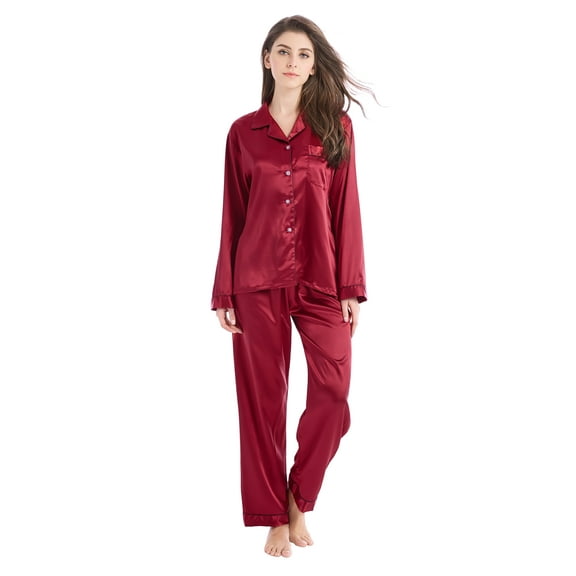 Tony & Candice Women's Classic Satin Pajama Set Adult Sleepwear (M,Burgundy with Black Piping)