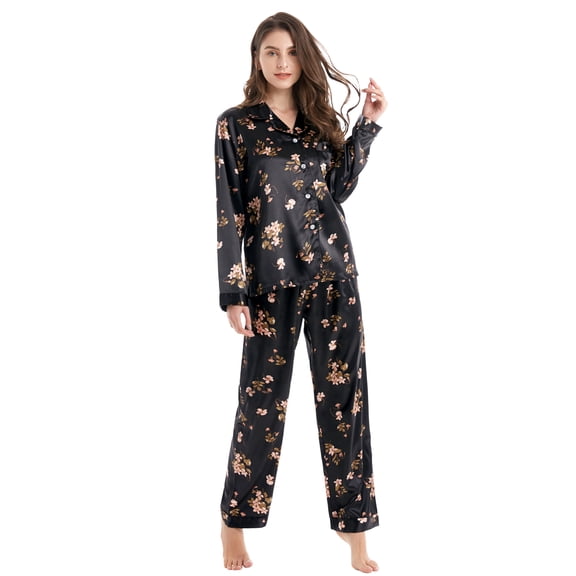 Tony & Candice Women's Classic Satin Pajama Set Adult Sleepwear (S,Black with Floral Patterns)