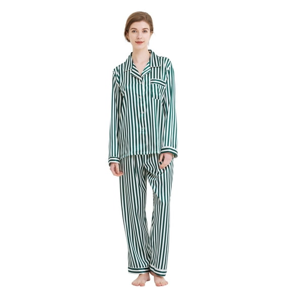 Tony & Candice Women's Classic Satin Pajama Set Adult Sleepwear (S,Green and White Striped)