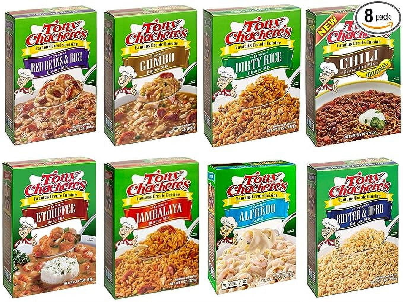 Tony Chachere's Base and Dinner Mix Variety 8 Pack Bundle - Red Beans and Rice, Gumbo, Dirty Rice, Original Chili, Etouffee, Jambalaya, Alfredo Sauce, and Butter & Herb Rice