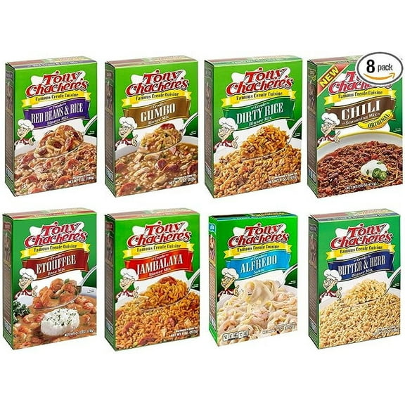 Tony Chachere's Base and Dinner Mix Variety 8 Pack Bundle - Red Beans and Rice, Gumbo, Dirty Rice, Original Chili, Etouffee, Jambalaya, Alfredo Sauce, and Butter & Herb Rice