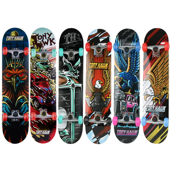 Tony Hawk 31" x 7.75" Popsicle Metallic Skateboard, 5" Pro ALU Trucks, Ages 5+, Pro Style Grip Tape, 9ply Maple Double Kick Concave Deck, 50mm X 33mm Colored Wheels, ABEC-3 Bearings, "Styles May "