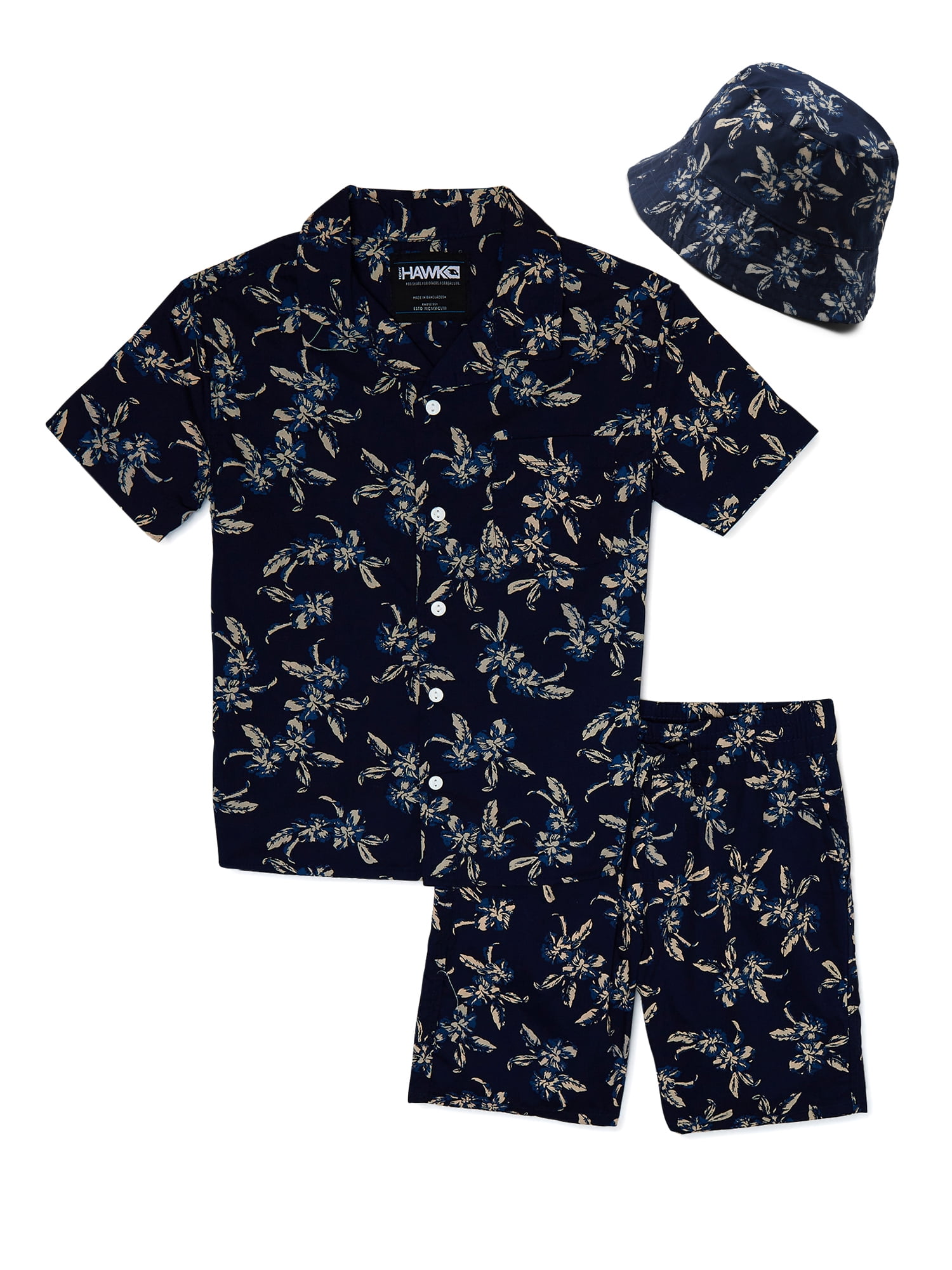 Tony Hawk Boys Printed Button Down Shirt, Shorts, and Bucket Hat Outfit, 3Piece Set, Sizes 412