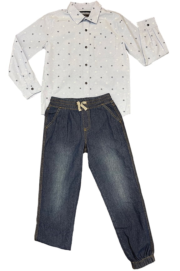 Boys Printed Long Sleeve Button Down Shirt and Jogger Pant 2 Piece Outfit Set, Sizes 4-12
