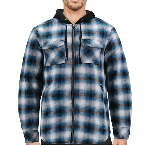 Tony Hawk Men's Casual Flannel Zip Up Plaid Sherpa Hoodie Lightweight Jacket (Blue, S)