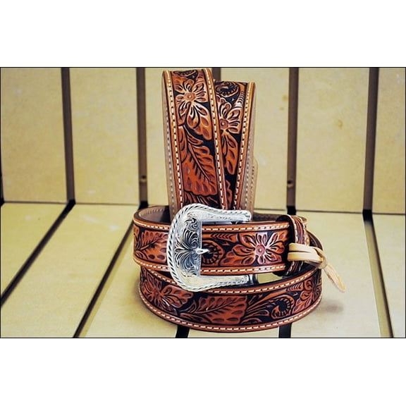 Tony Lama Men's Floral Tooled Leather Belt Tan 46
