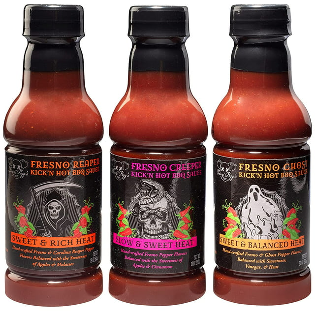 Tony Pigg's Kick'n Hot BBQ Sauce Gift Set - (3-19oz Bottles - Fresno Reaper, Ghost, Creeper Flavors) - Hand-Crafted Spicy Barbecue Sauce made w real hot peppers and Nothing Artificial