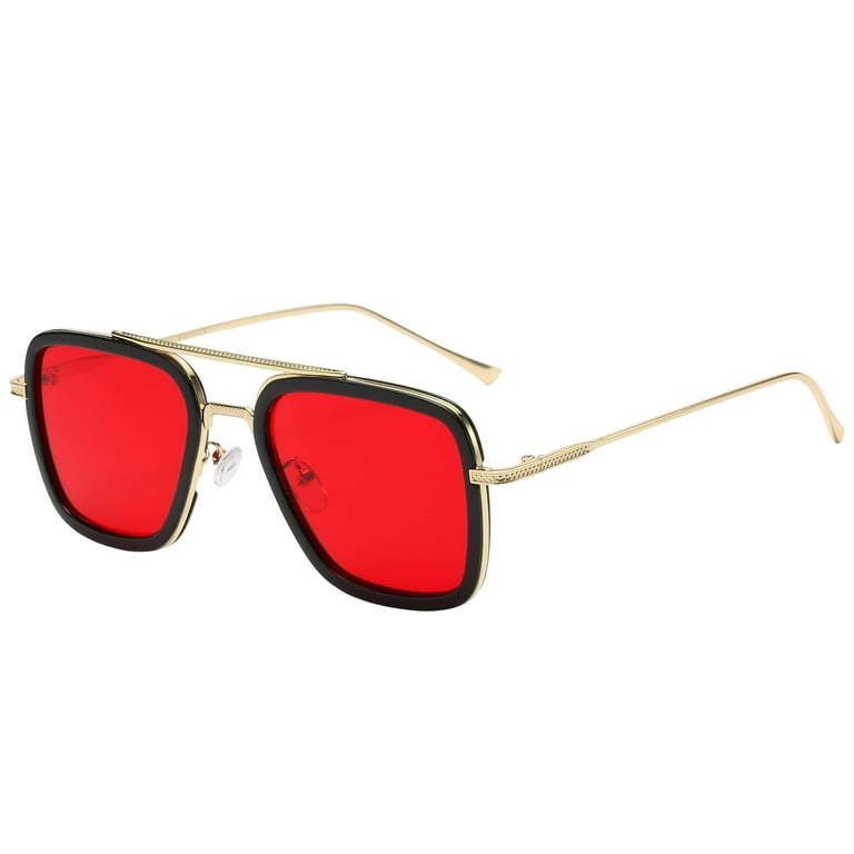 Tony Stark Aviator Sunglasses Gold Black Frame Red Lens