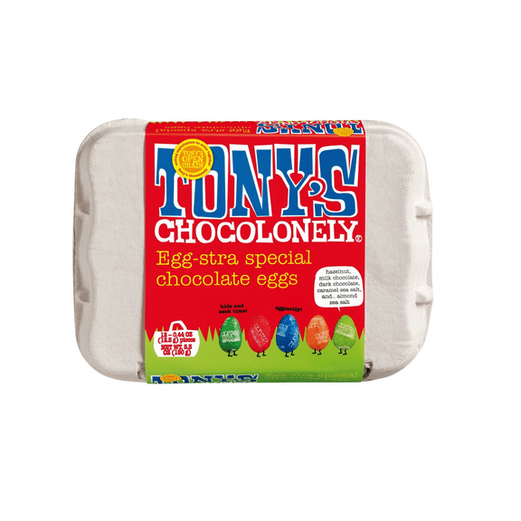 Tony's Chocolonely Egg-stra Special Chocolate Eggs, Milk Chocolate, Dark Chocolate, Hazelnut, Caramel Sea Salt, Almond Sea Salt, 12 Count