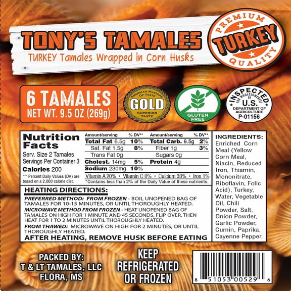 Tony's Tamales Turkey Tamales Wrapped in Corn Husk, Gluten Free, Ready to Eat Heat and Serve, Vacuum Sealed Bags, 9.5 oz (Frozen)