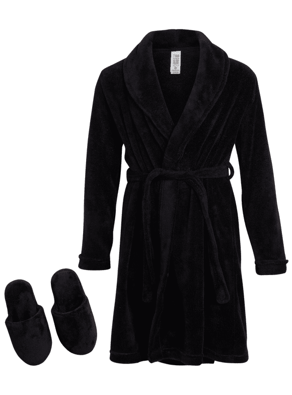 Boys Bath Robe and Slipper Set - 2 Piece Plush Fleece Hooded Bathrobe & Slippers