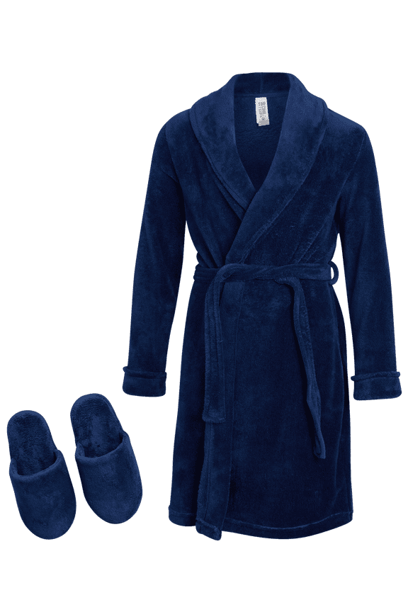 Boys Bath Robe and Slipper Set - 2 Piece Plush Fleece Hooded Bathrobe & Slippers