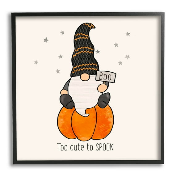 Too Cute To Spook Gnome Phrase Holiday Graphic Art Black Framed Art Print Wall Art