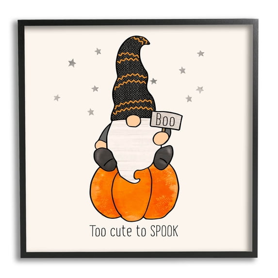 Too Cute To Spook Gnome Phrase Holiday Graphic Art Black Framed Art Print Wall Art