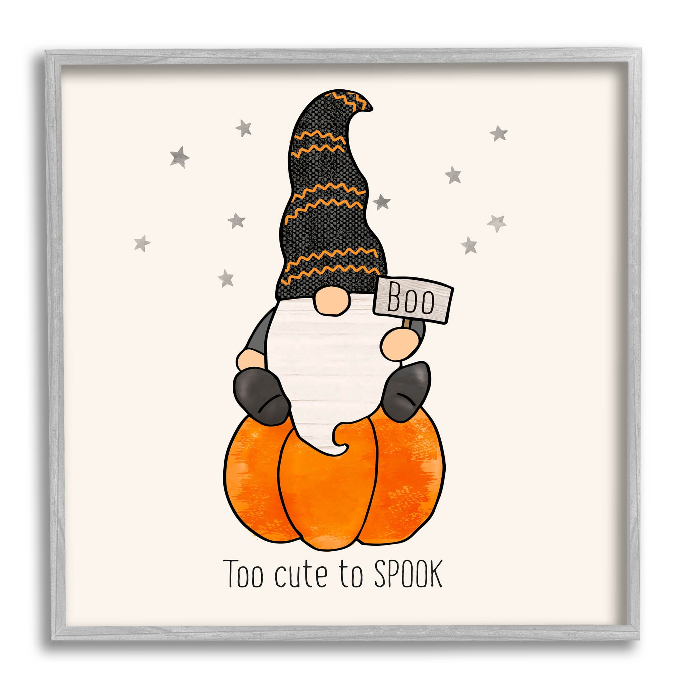 Too Cute To Spook Gnome Phrase Holiday Graphic Art Gray Framed Art Print Wall Art