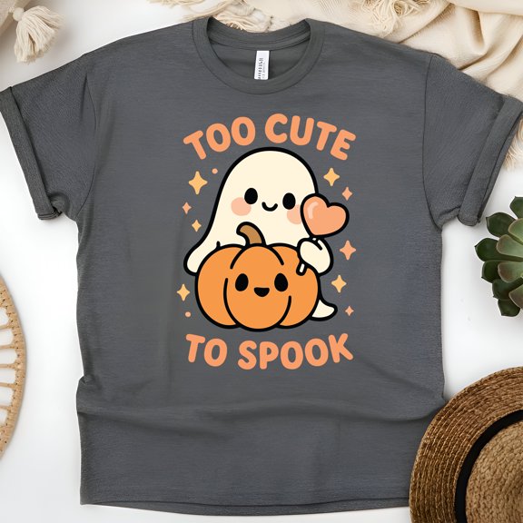 Too Cute To Spook Shirt | Cute Ghost Graphic Tee | Unisex Casual T-Shirt, Dark Heather, Size 2XL