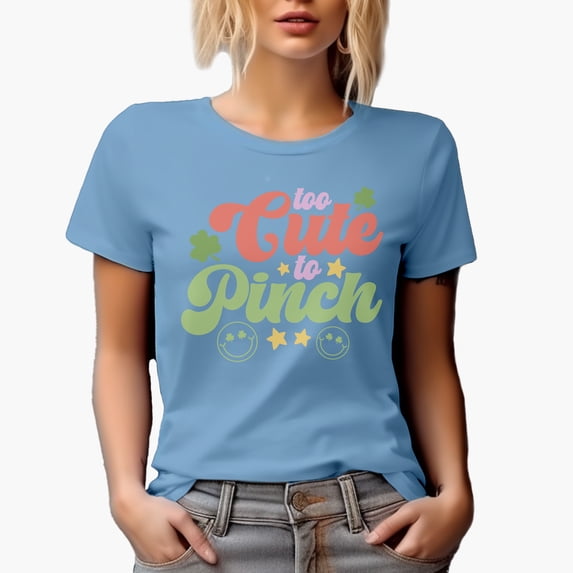 Too Cute to Pinch with Shamrock Leaves & Smiling Faces Art, St. Patrick's Day Merch Gift, Baby Blue T-Shirt, Medium