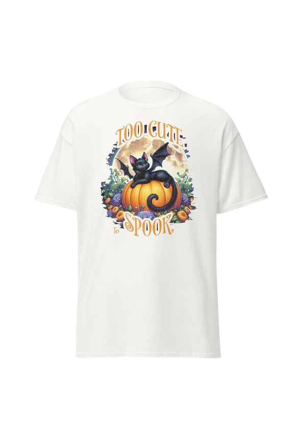 Too Cute to Spook Halloween Cat Pumpkin Graphic Tee, Unisex Cotton Shirt, Sizes S-3XL