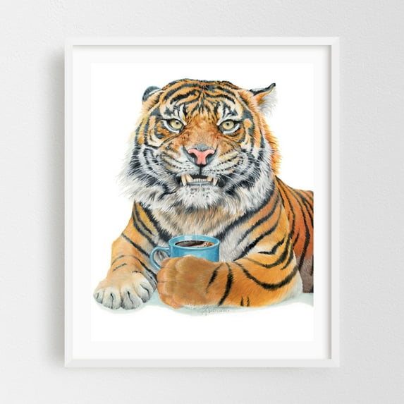 Too Early Tiger - Painting Tiger Humor Animal Coffee Modern Art Pop Art Surrealism White Framed Wall Art Print 18 x 24 inches