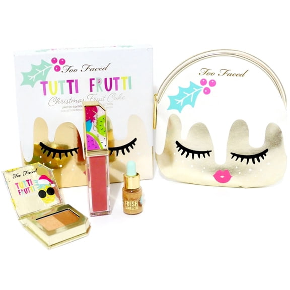 Too Faced Tutti Frutti Christmas Fruit Cake Limited Edition Makeup Gift Set, Lip Glaze, Bronzer, Highlighter & Cosmetic Bag