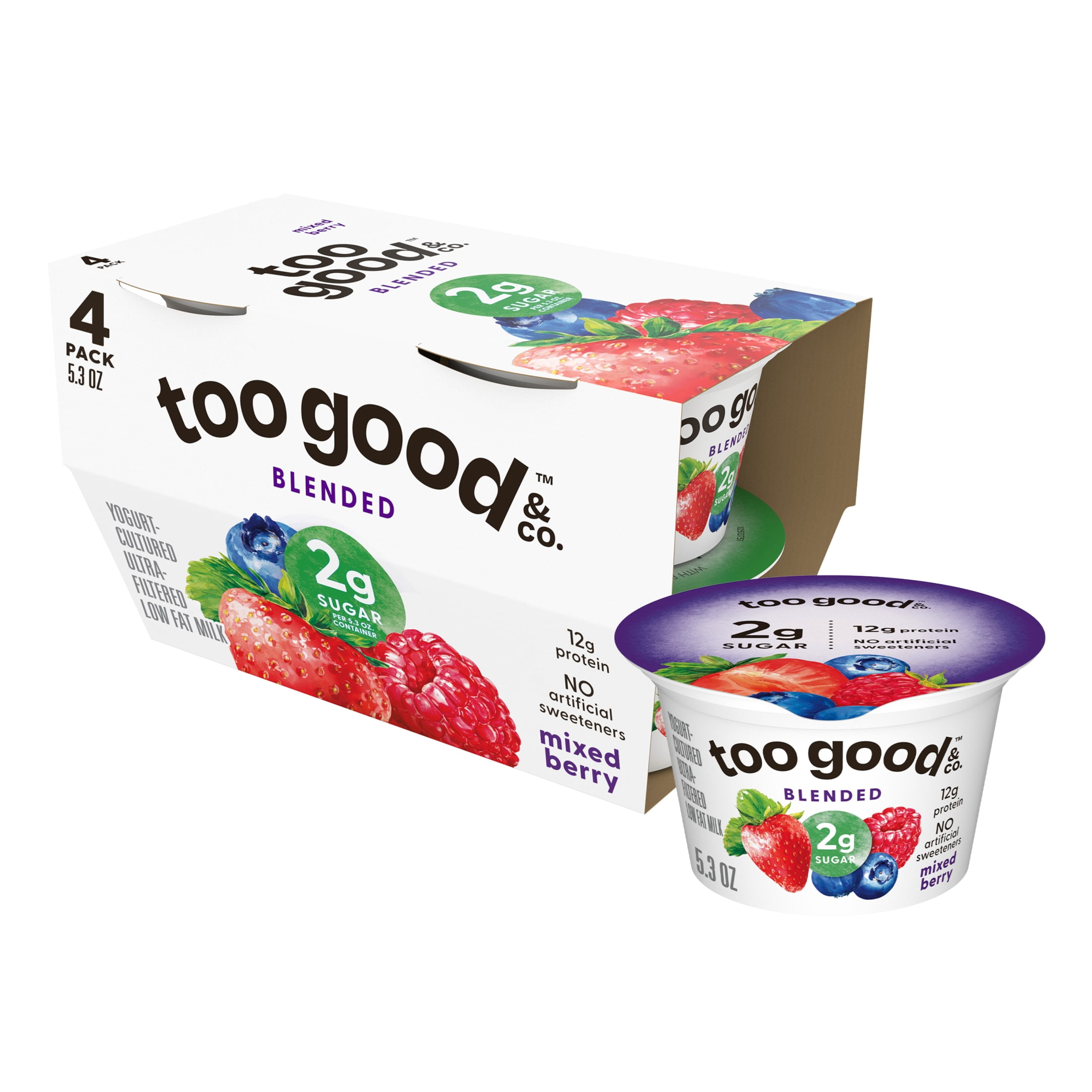 Too Good & Co. Lower Sugar Mixed Berry Flavored Low Fat Greek Yogurt Cultured Product, 5.3 oz, 4 Count