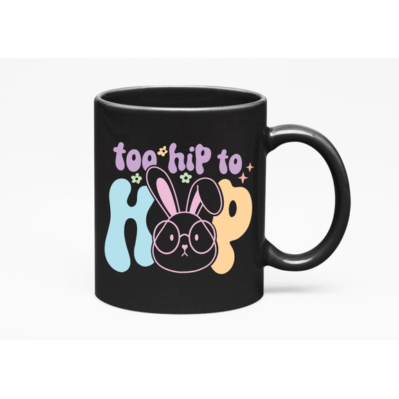 Too Hip to Hop, Bunny Wearing Eyeglasses, Easter Sunday Art Favor or Merch Gift, Black 11oz Ceramic Mug