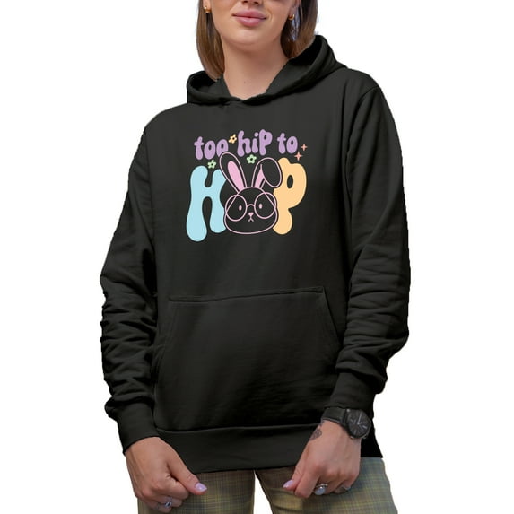Too Hip to Hop, Bunny Wearing Eyeglasses, Easter Sunday Art Favor or Merch Gift, Black Hooded Sweatshirt or Hoodie, XL