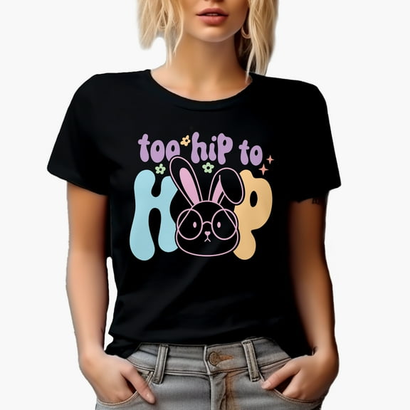 Too Hip to Hop, Bunny Wearing Eyeglasses, Easter Sunday Art Favor or Merch Gift, Black T-Shirt, Small