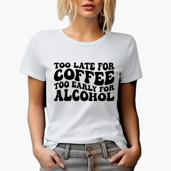 Too Late for Coffee, Too Early for Alcohol, Groovy Retro Wavy Text Merch Gift, White T-Shirt, 2XL