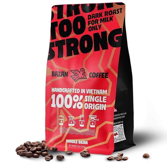 Too Strong Robusta Vietnamese Whole Bean Coffee – Dark Roast, High Caffeine, Low Acid, 12oz