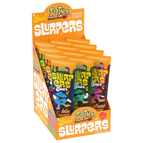 Too Tarts Slurpers Squeeze Candy, 3 Sour Fruit flavors in every Display, Strawberry, Blueberry & Green Apple, 12- 4oz Tubes per Display, Total 48oz