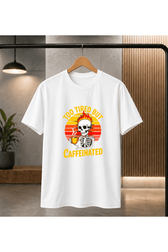 Too Tired But Caffeinated Skeleton Coffee Lover Sunset T-Shirt, for men & women, S-5XL