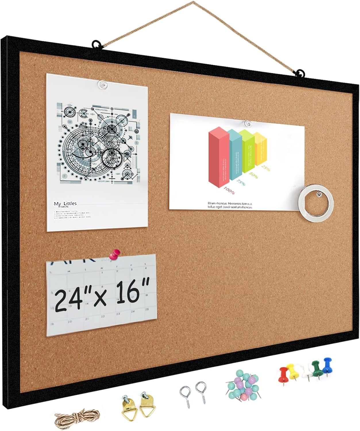 TooCust 16" x 24" Cork Board Black Frame, Double Sided Cork Board, Bulletin Boards for Walls, Cork Boards for Walls with Frame