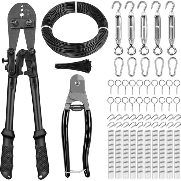 TooTaci 1/16" Wire Rope Kit, 200FT Black Vinyl Coated Stainless Steel Cable with Crimping Tool Kit & Turnbuckle for String Light Hanging, Clothesline
