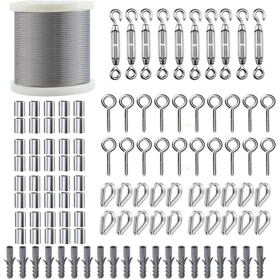 TooTaci 1/16 Wire Rope Kit, 200ft Galvanized Stainless Steel Cable with Turnbuckle for Outdoor Climbing Plants, Garden String Lights, Sun Shades Sail