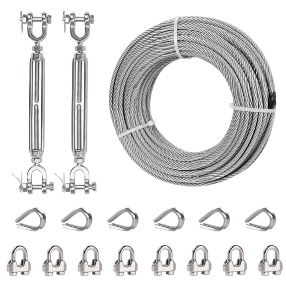 TooTaci 1/4" 50FT Stainless Steel Wire, 7x19 Strands Metal Cable with Turnbuckle for Clotheslines, Zipline, Fencing, Outdoor Hanging