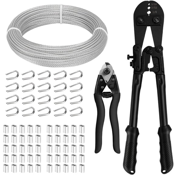 TooTaci Stainless Steel Cable, 100ft 1/8" Wire Rope with Wire Crimping Tool and Cutter for Deck Railing, Clothesline, Shade Sails, String Light