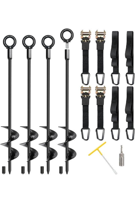 18" Trampoline Anchors Screw in, Ground Anchors Stakes with 4 Ratchet Straps Against High Winds for Outdoor Tent, Shed, Carport , Swing Set