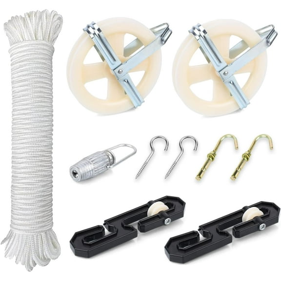 Outdoor Clothesline Pulley Kit, 150ft Polyester Rope, Heavy Duty, Separator, Tightener, Hook