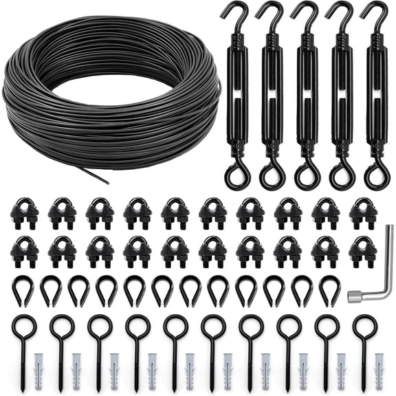 TooTaci String Light Hanging Kit, 100FT PVC Coated Steel Cable with Turnbuckle and Hooks, Guide Wire for Outdoor Patio, Camping Light, Clothesline