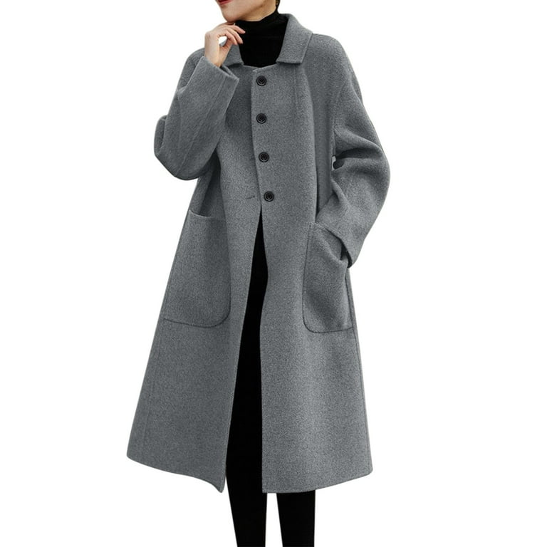 Tooayk Coatigan for Women Women s Long Sleeve Button Down Faux Wool Blends Thin Jacket Coat Slim Fit Warm Solid Long Overcoat with Pockets Coats for